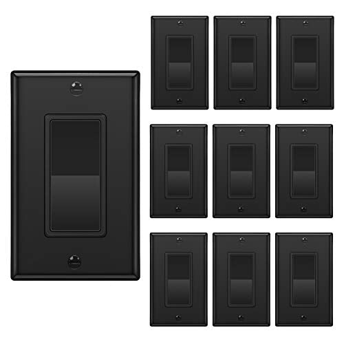 [10 Pack] BESTTEN Single Pole Decorator Wall Light Switch with Wall Plate, 15A 120/277V, On/Off Rocker Paddle Interrupter, cUL Listed, Black