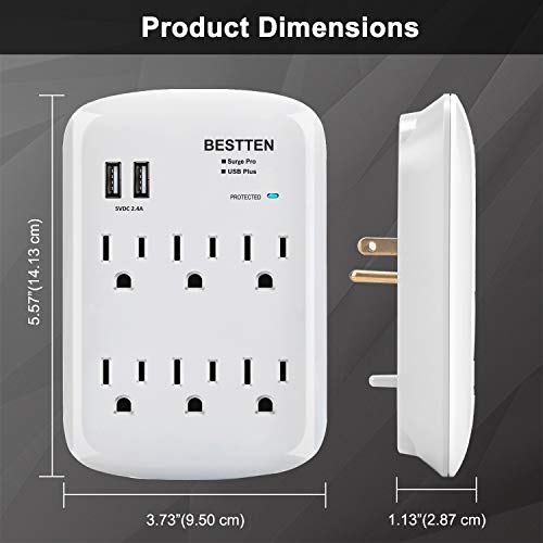 BESTTEN 1200-Joule Wall Surge Protector, 6-Outlet Extender with 2 USB Charging Ports (2.4A), 15A/125V/1875W, ETL/cETL Certified, White
