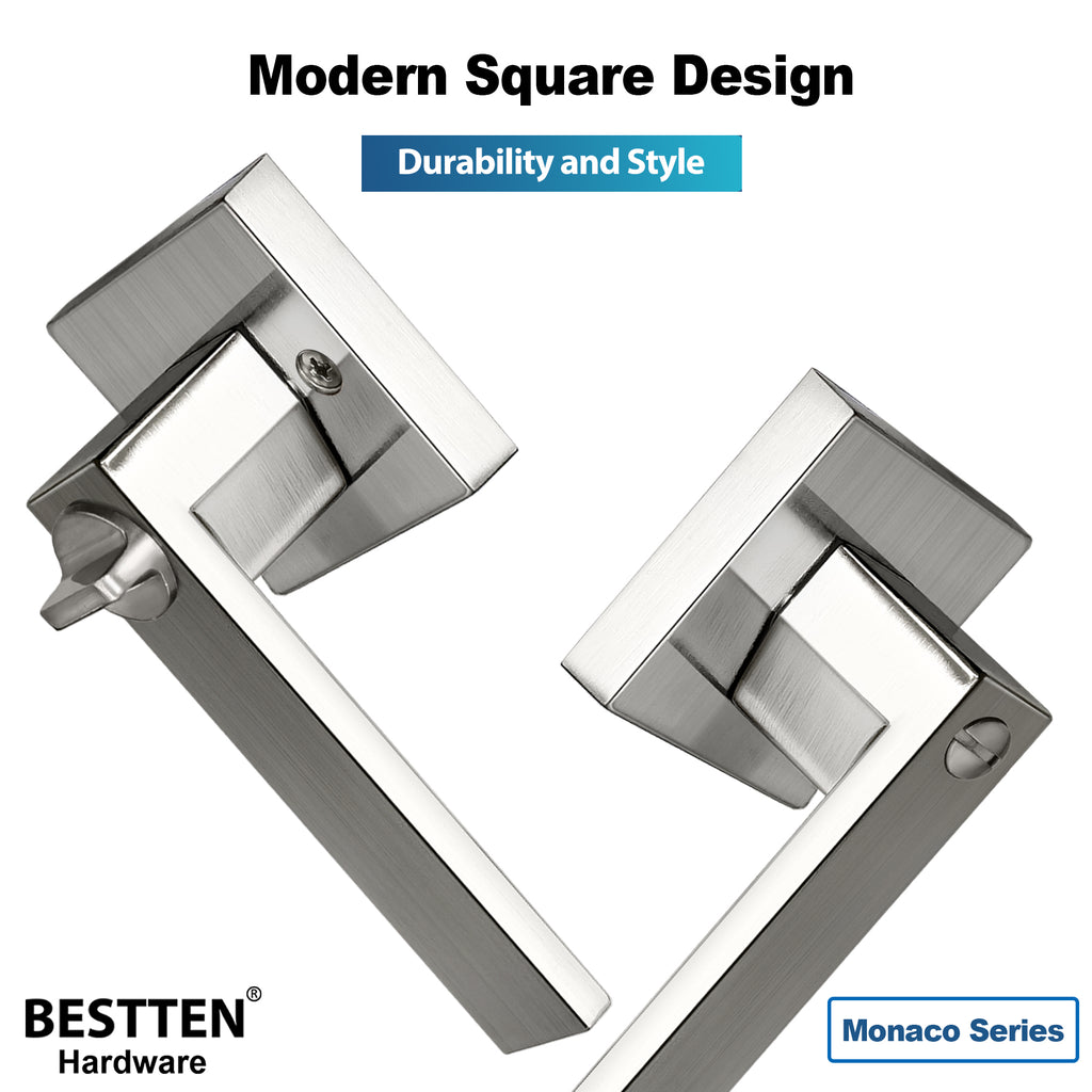 BESTTEN Monaco Contemporary Heavy Duty Privacy Door Handle with Removable Latch Plate, Zinc Alloy (Not Aluminum Alloy) Square Keyless Bedroom Bathroom Door Lever, for Commercial and Residential Use, Satin Nickel