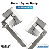 [3 Pack] BESTTEN Keyed Different Heavy Duty Entry Door Lever, Zinc Alloy (Not Aluminum Alloy) Monaco Contemporary Square Front Door Handle with Removable Latch Plate, for Commercial and Residential Use, Satin Nickel Finish