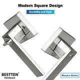 [5 Pack] BESTTEN Heavy Duty Square Privacy Door Lever with Removable Latch Plate, Zinc Alloy (Not Aluminum Alloy) Keyless Monaco Contemporary Bedroom Bathroom Door Handle, for Commercial and Residential Use, Satin Nickel