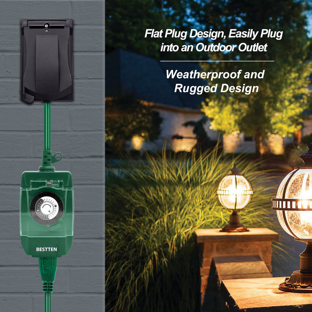 [2 Pack] BESTTEN Outdoor 24-Hour Timer, Weatherproof, Grounded Outlet, Flat Plug, for Holiday Decoration, Green, ETL Certified