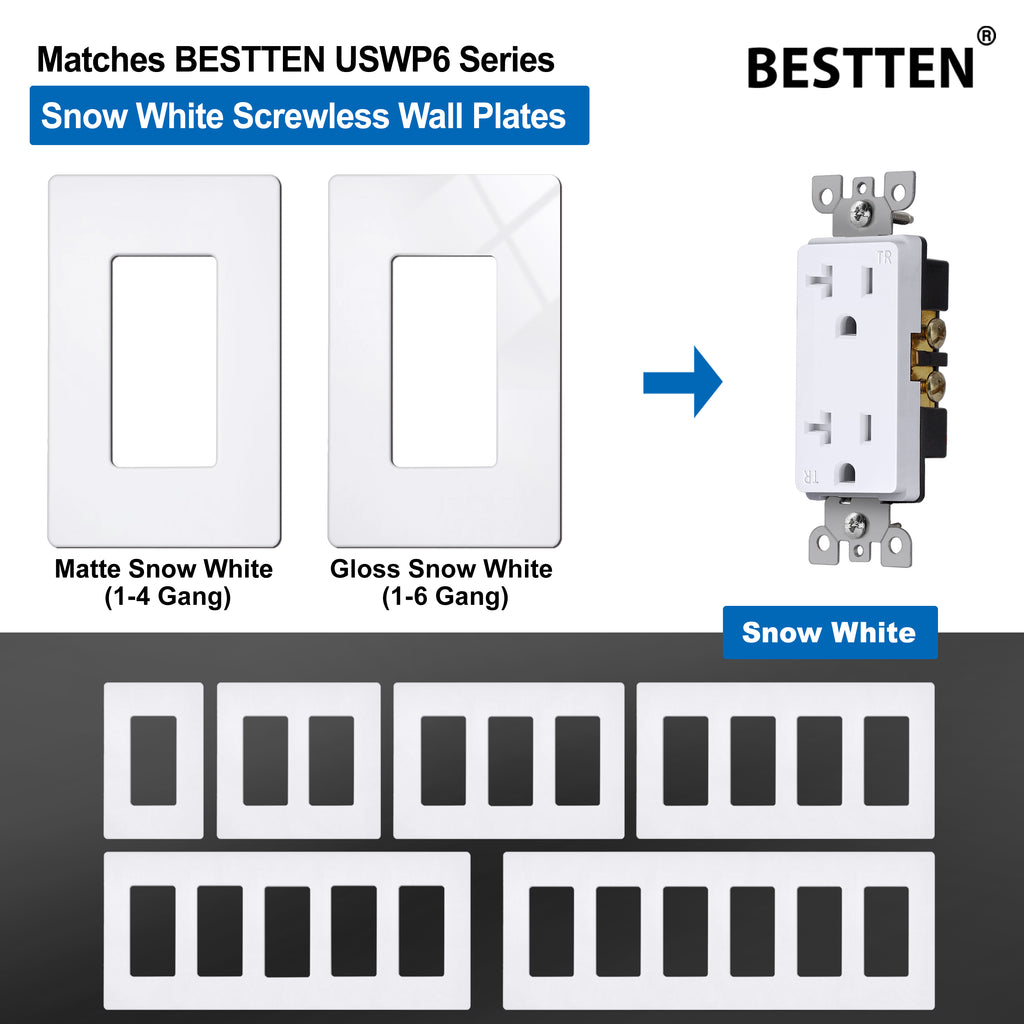 [10 Pack] BESTTEN 20-Amp Decorator Wall Outlet, Tamper-Resistant Receptacle, 20A/125V/2500W, cUL Listed, Snow White