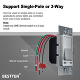 BESTTEN Silver Dimmer Wall Light Switch, Single Pole or 3-Way, Compatible with Dimmable LED, CFL, Incandescent and Halogen Bulb, 120VAC, cUL Listed