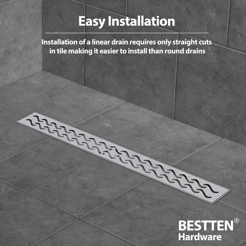 BESTTEN 28”x 2 3/4” inch Linear Shower Drain, Brushed 304 Stainless Steel, Floor Drain with Onde Style Grate Insert, 2 Inch Outlet, CUPC