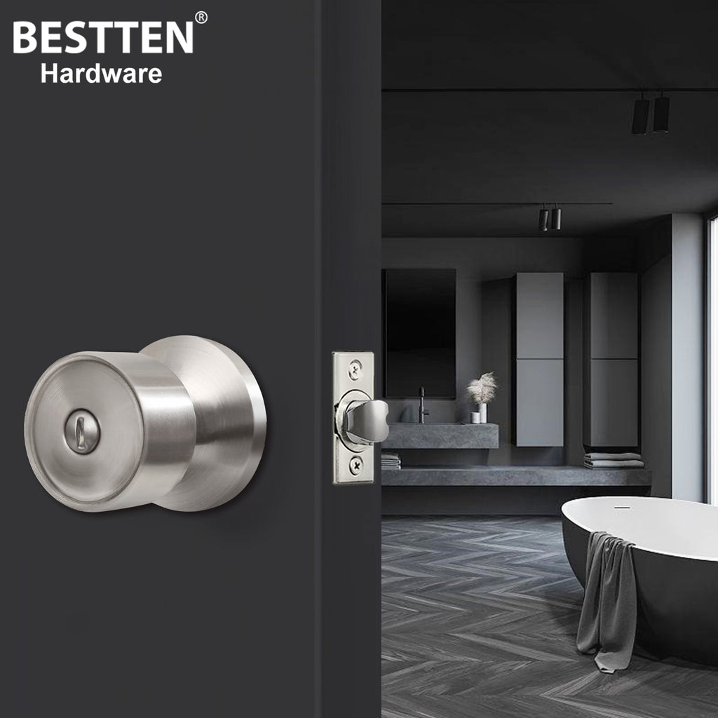 [10 Pack] BESTTEN Privacy Door Knobs with Removable Latch Plate, Geneva Series Interior Keyless Doorknobs for Bedroom or Bathroom, All Metal, Satin Nickel