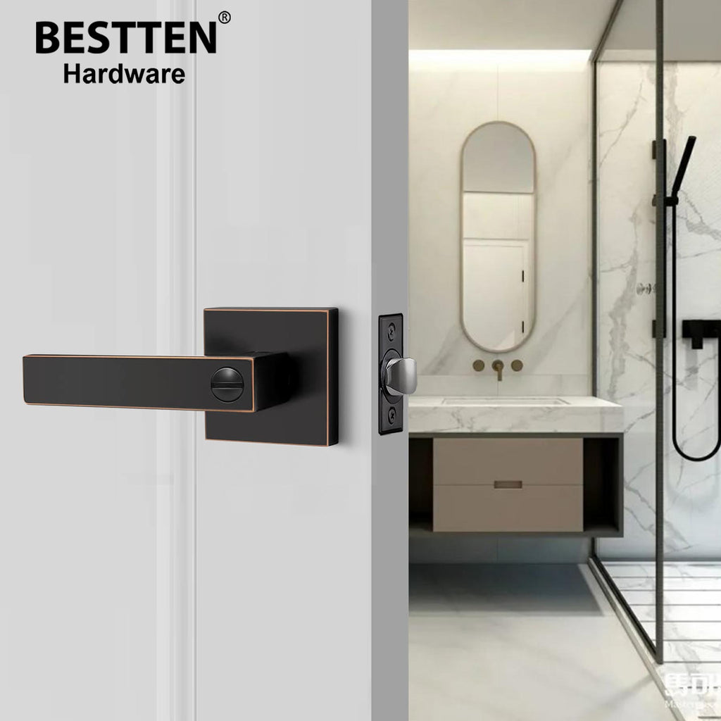 [5 Pack] BESTTEN Heavy Duty Square Privacy Door Handle with Removable Latch Plate, Zinc Alloy (Not Aluminum Alloy) Monaco Contemporary Keyless Bedroom Bathroom Door Lever, for Commercial and Residential Use, Oil Rubbed Bronze