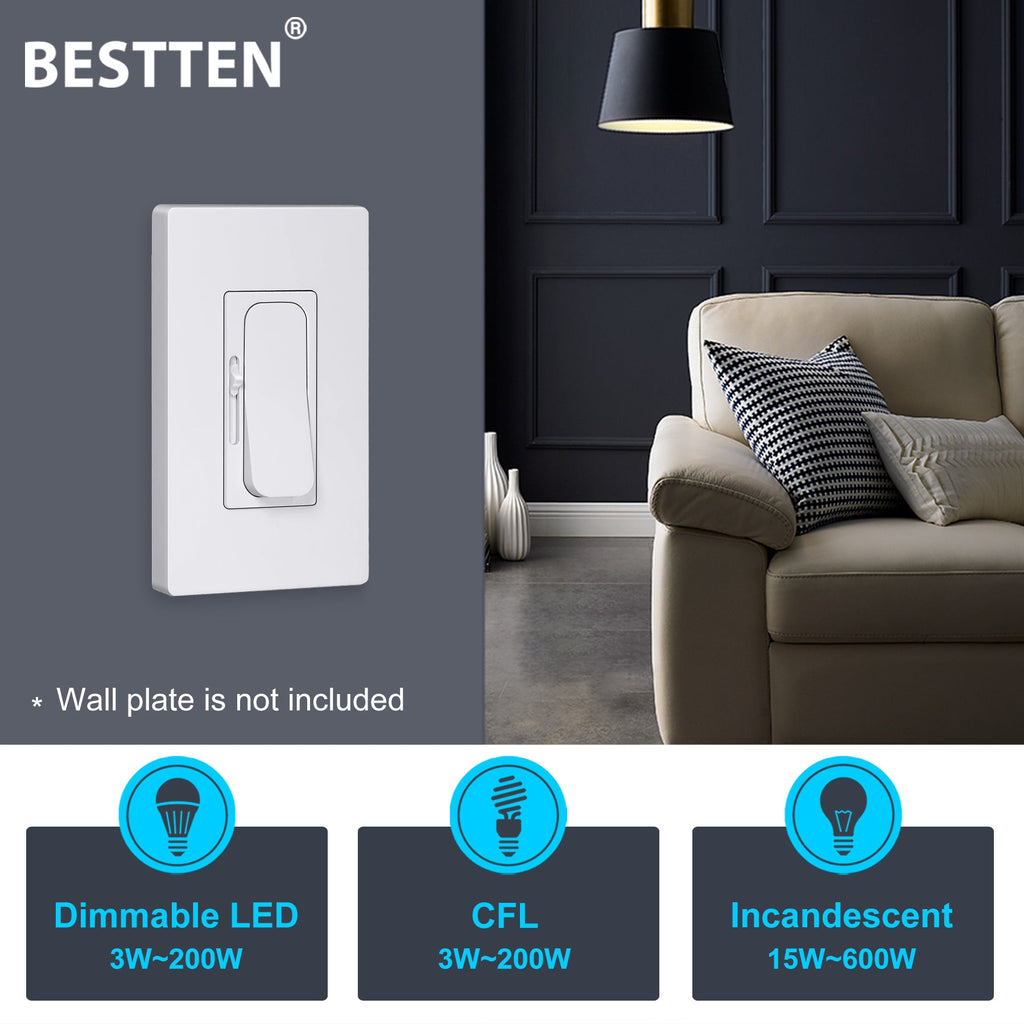 [10 Pack] BESTTEN Slim Digital Dimmer Switch with MCU Smart-chip Technology offering Widest Compatibility Range, Quiet Rocker, for Dimmable LED, CFL, Incandescent, Halogen, cETL Listed, White