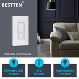 BESTTEN Contemporary Digital LED Dimmer with Air Gap Power Cut-Off Switch and MCU Smart-chip Technology, Super Slim Design, 3 Button Control, Single Pole or 3 Way, No Neutral Wire required, cETL Listed, White