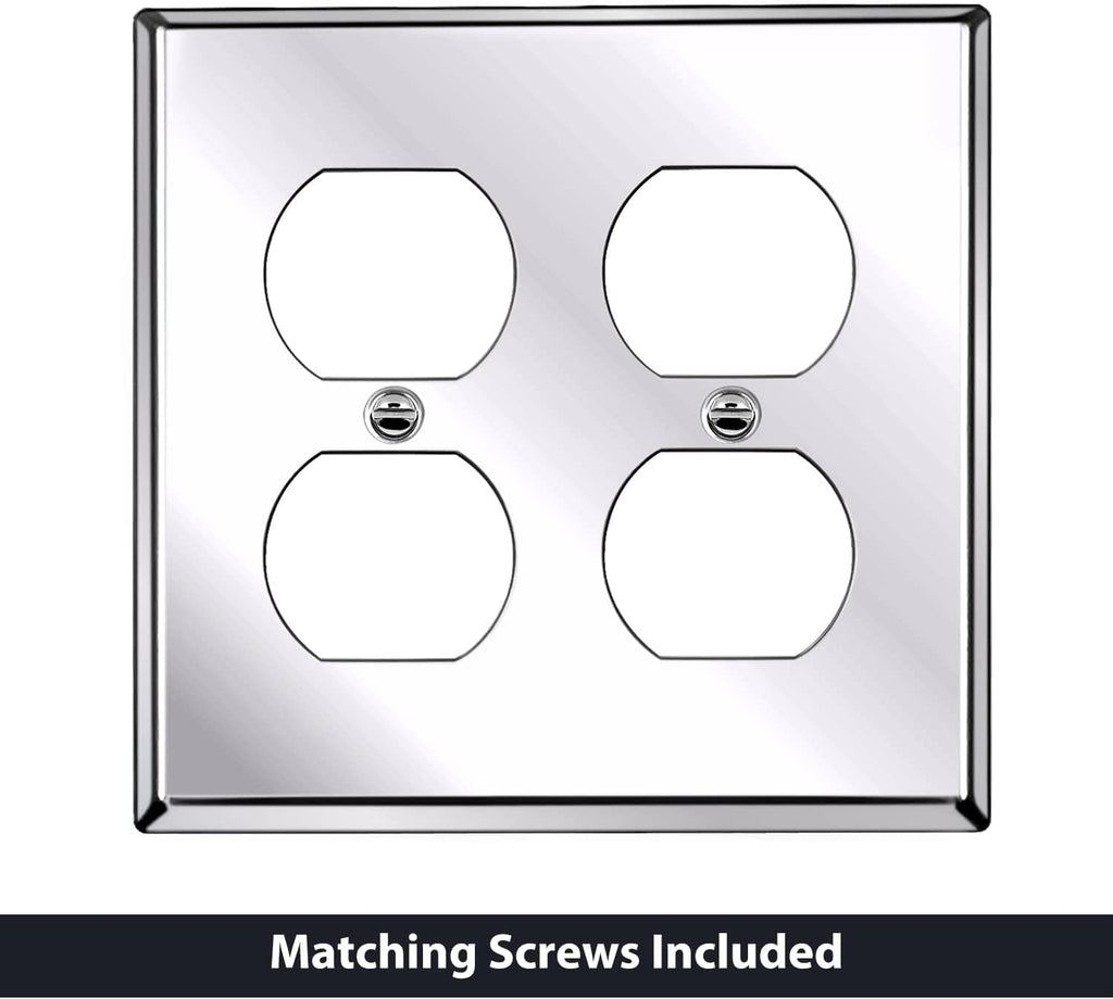 [5 Pack] BESTTEN 2 Gang Bright Polished Chrome Stainless Steel Duplex Wall Plate, Solid Mirror Polished Metal Receptacle Outlet Cover with White or Clear Protective Film, Chrome Appearance