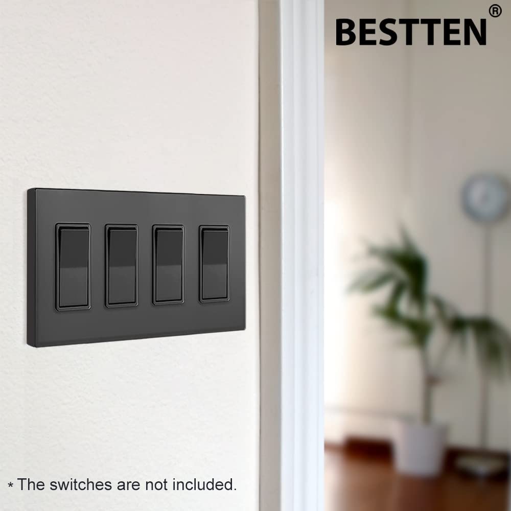 [2 Pack] BESTTEN 4-Gang Black Screwless Wall Plate, Gloss Black Finish, Unbreakable Polycarbonate Outlet Cover, 11.91cm x 21.21cm, for Light Switch, Dimmer, GFCI, USB Receptacle