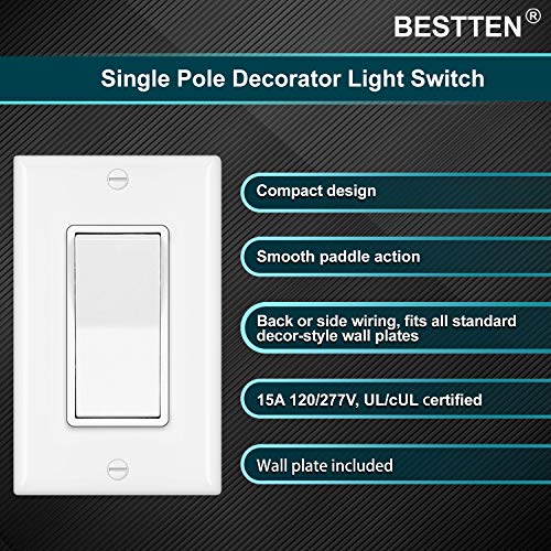 [30 Pack] BESTTEN Single Pole Decorator Wall Light Switch with Wall Plate, 15A 120/277V, On/Off Rocker Paddle Interrupter, UL Listed, White
