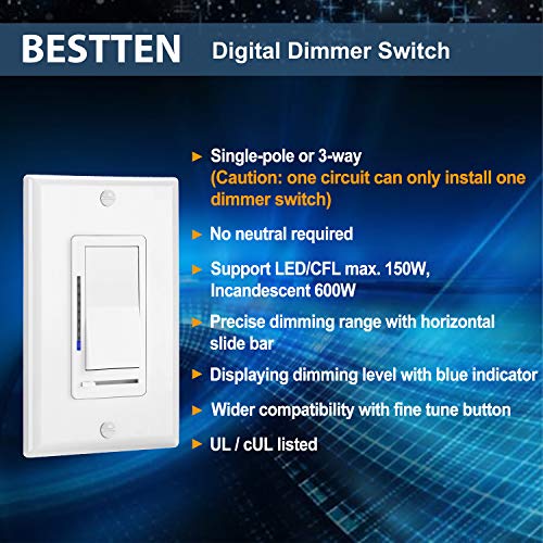 [5 Pack] BESTTEN Digital Dimmer Switch with LED Indicator, Horizontal Dimming Slider Bar, Single Pole or 3-Way, Suit for Dimmable LED Light, CFL, Lamp, Incandescent, Halogen Bulb, UL Listed, White