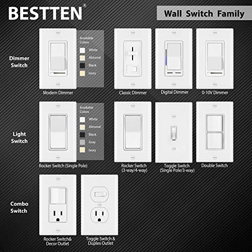 [10 Pack] BESTTEN Single-Pole Decorator Wall Light Switch, 15A 120/277V, On/Off Rocker Interrupter, UL Listed, White