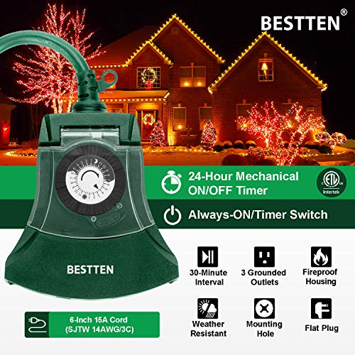 BESTTEN Outdoor 24-Hour Timer, 3 Grounded Outlets, 6-Inch Power Cord, Heavy Duty, Weatherproof, Ideal for Halloween, Thanksgiving, Christmas and Other Holiday Decorations, ETL Certified, Green