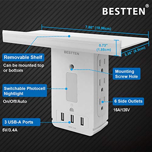 BESTTEN 1020 Joule Surge Protector USB Wall Outlet with Shelf and LED Night Light, 3 USB Charging Ports (5V/3.4A), 6 Side Plug Sockets, Removable Top Shelf