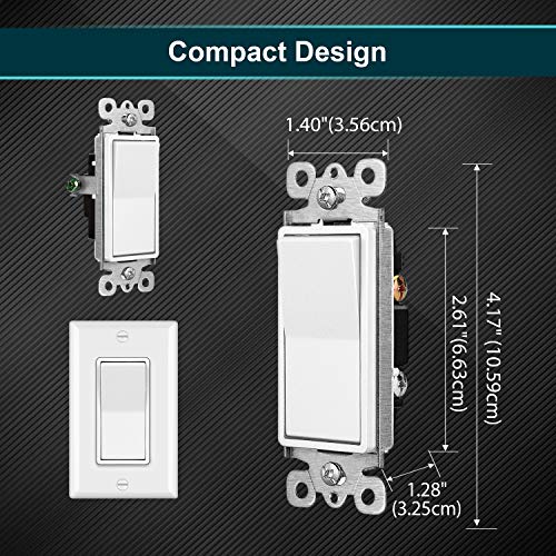 [20 Pack] BESTTEN Single Pole Decorator Wall Light Switch with Wall Plate, 15A 120/277V, On/Off Rocker Paddle Interrupter, UL Listed, White
