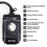 [2 Pack] BESTTEN Outdoor Timer Outlet, 24-Hour Programmable, 3/4 Horsepower, Grounded Outlet with 6-Inch Cord and Flat Plug, Heavy Duty Design, ETL/cETL Certified, Black