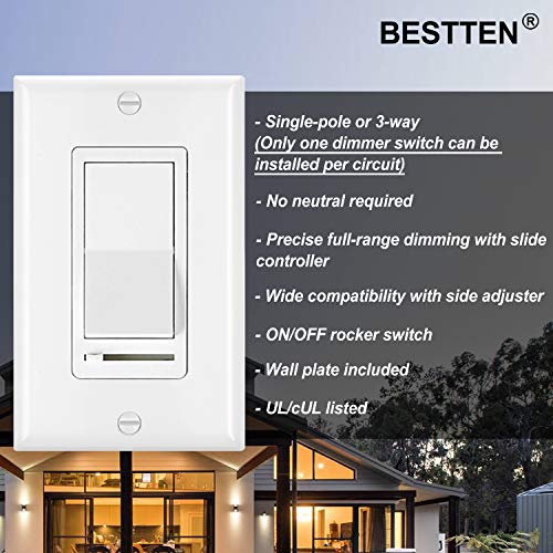 [6 Pack] BESTTEN Dimmer Switch for Dimmerable LED, Incandescent, Halogen and CFL Bulbs, Wall Plate Included, UL Listed, White