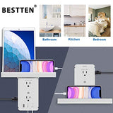 BESTTEN Wall Mount USB Outlet with Shelf, 3 USB Charging Ports (5V/3.4A), 8 AC Outlets (6 Side Plug Sockets), 1020 Joule Surge Protector, Removable Top Shelf