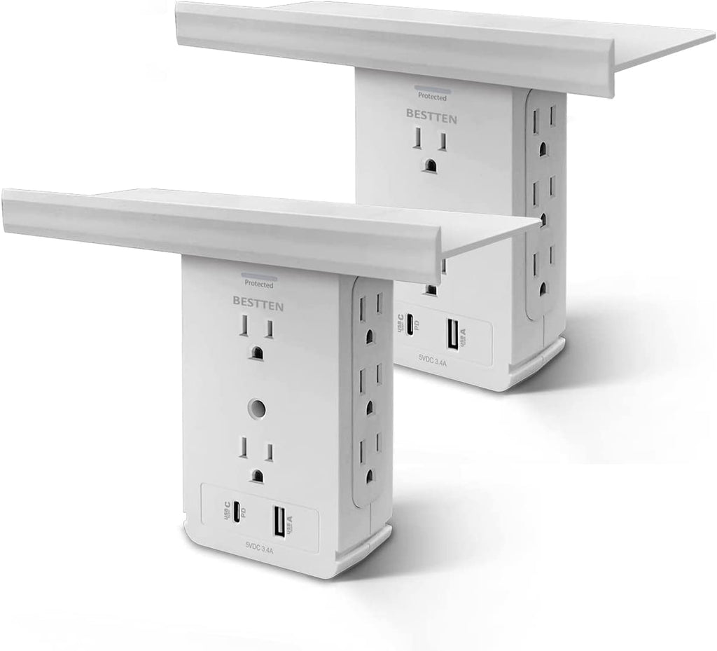 [2 Pack] BESTTEN Outlet Shelf with 8 AC Outlets and USB C Quick Charge Port (Supports PD 3.0 and QC 3.0), 1020J Surge Protector, Side Plug Adapter Outlet