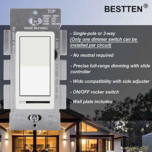 [5 Pack] BESTTEN Dimmer Wall Light Switch, Compatible with Dimmable LED, CFL, Incandescent and Halogen Bulb, Single Pole or 3-Way, 120VAC, UL Listed