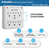 [2 Pack] BESTTEN 900-Joule Wall Mount Surge Protector, 6-Outlet Extender with Auto LED Night Light, Dusk to Dawn Photocell Sensor, ETL Certified, White