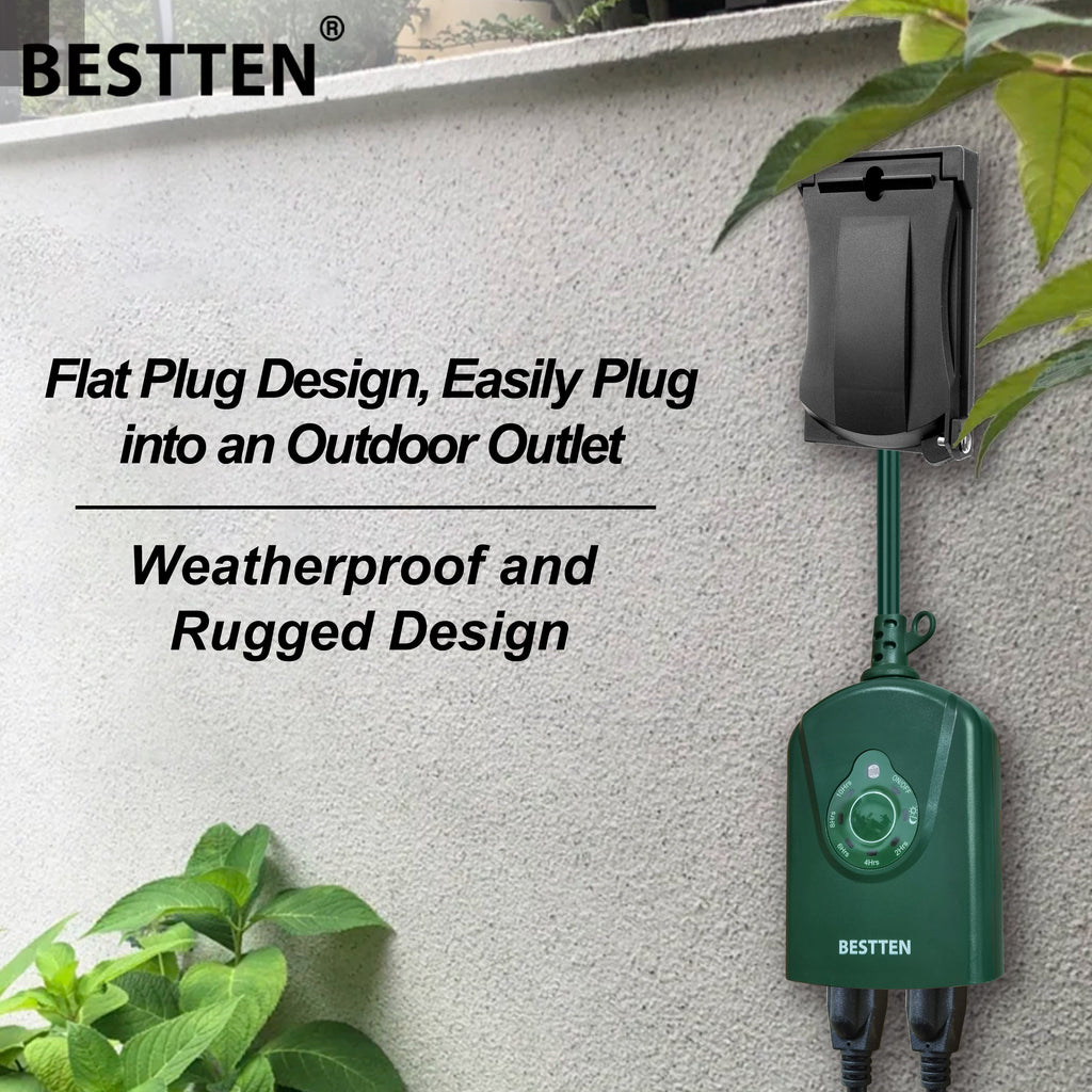 [2 Pack] BESTTEN Outdoor Digital Timer Outlet, Photocell Light Sensor, 2 Grounded Outlets, Setting for ON/Off/Dusk to Dawn/ON at Dusk & 2/4/6/8/10 Hours Countdown, cETL Certified,Green