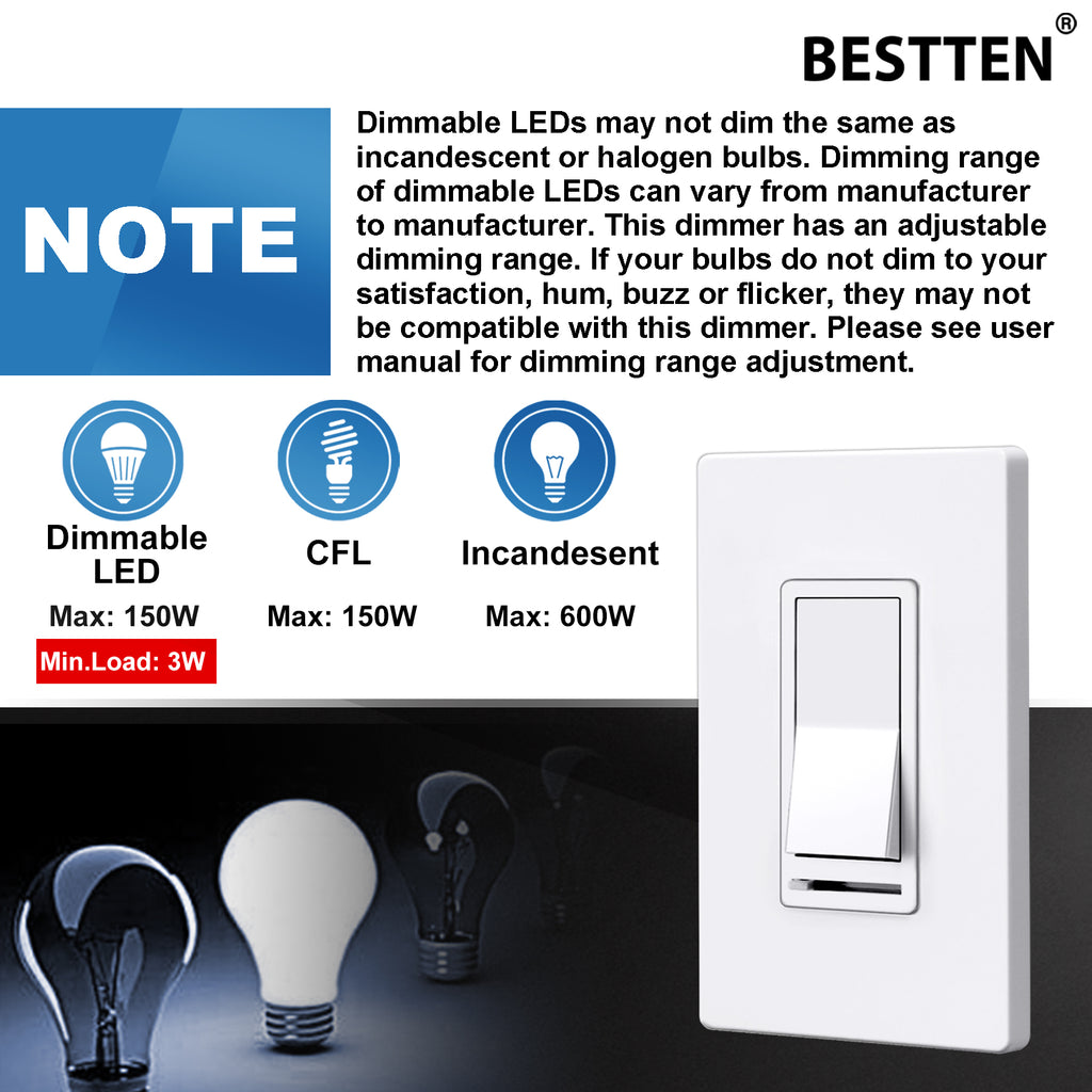 [3 Pack] BESTTEN 3 Way or Single Pole Dimmer Light Switch for Incandescent or Halogen Bulbs, CFL and LED Dimmable Lamps, Mid Size Screwless Wallplate Included, UL/cUL Listed