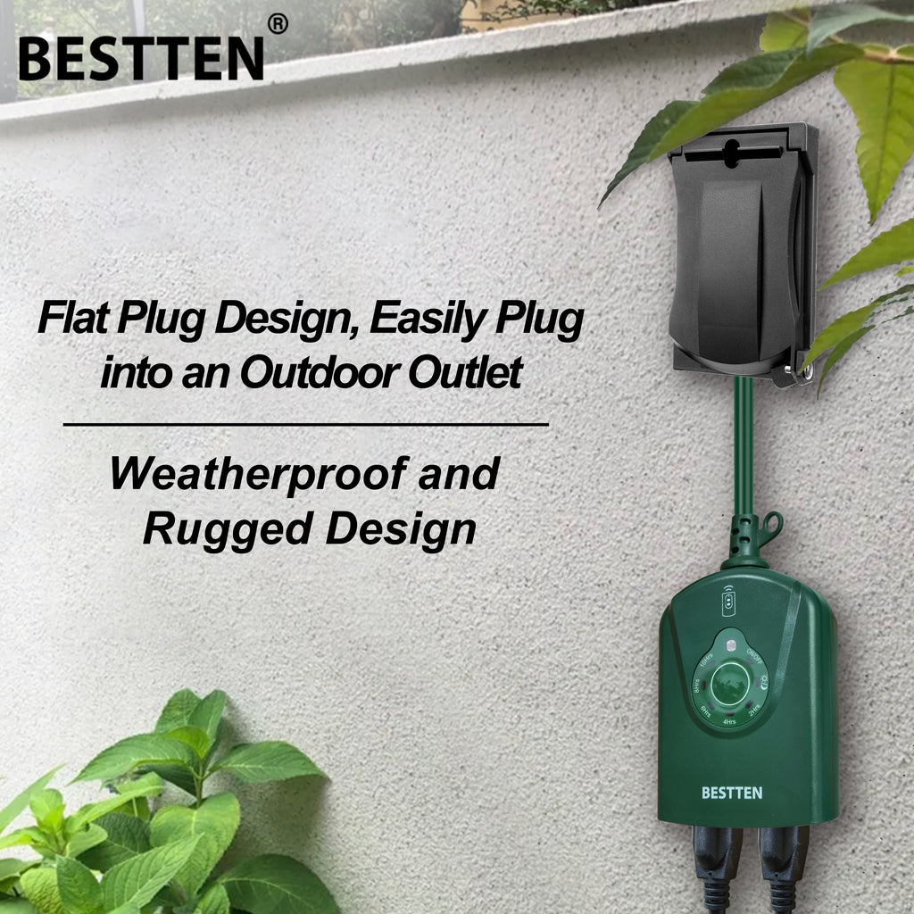 [2 Pack] BESTTEN Outdoor Digital Timer Outlet, Photocell Light Sensor, 2 Grounded Outlets with Remote Control, Setting for ON/Off/Dusk to Dawn/ON at Dusk & 2/4/6/8/10 Hours Countdown, cETL and FCC Certified, Green