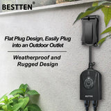 BESTTEN Outdoor Digital Timer Outlet, Photocell Light Sensor, 2 Grounded Outlets with Remote Control, Setting for ON/Off/Dusk to Dawn/ON at Dusk & 2/4/6/8/10 Hours Countdown, cETL and FCC Certified, Black