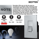 [5 Pack] BESTTEN Dimmer Wall Light Switch, Single Pole or 3-Way, Compatible with Dimmable LED, CFL, Incandescent and Halogen Bulb, 120VAC, Silver, UL/cUL Listed
