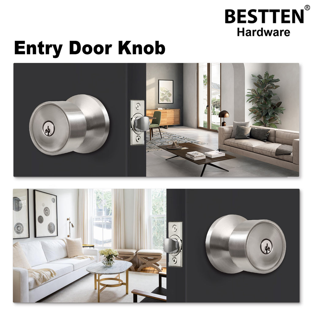 [3 Pack] BESTTEN Keyed Different Entry Door Knob Set with Lock, Entrance Door Knob for Exterior and Interior Door, Geneva Series, Satin Nickel