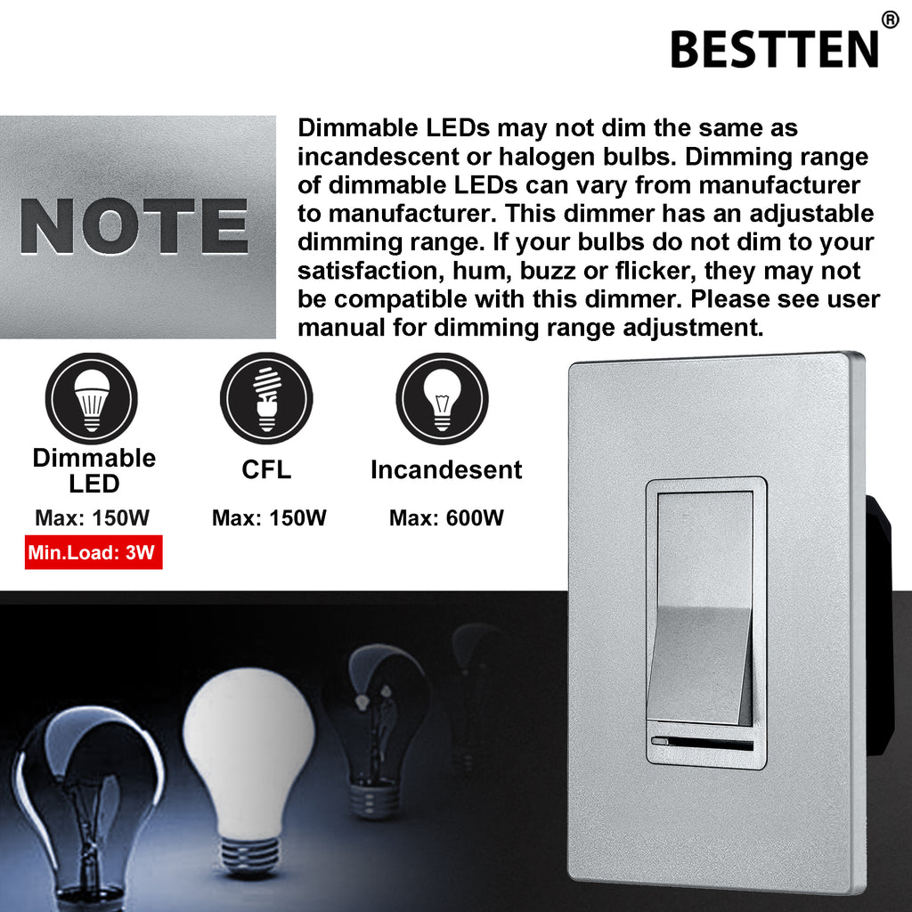 BESTTEN Silver Dimmer Wall Light Switch, Single Pole or 3-Way, Compatible with Dimmable LED, CFL, Incandescent and Halogen Bulb, 120VAC, cUL Listed
