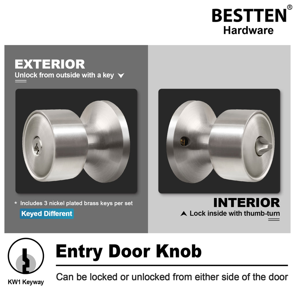 [5 Pack] BESTTEN Entry Door Knob with Lock, Interior and Exterior Door Lock Set, Keyed Different Entrance Door Knob with Removable Latch Plate, Geneva Series, Satin Nickel
