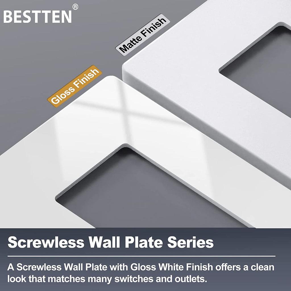 [4 Pack] BESTTEN 2-Gang Modern Designer Mid-Size Screwless Wall Plate, Unbreakable Polycarbonate Midway Decorator Outlet Cover, USWP4 Gloss White Switch Plate, 12.30cm x 12.50cm, cUL Listed