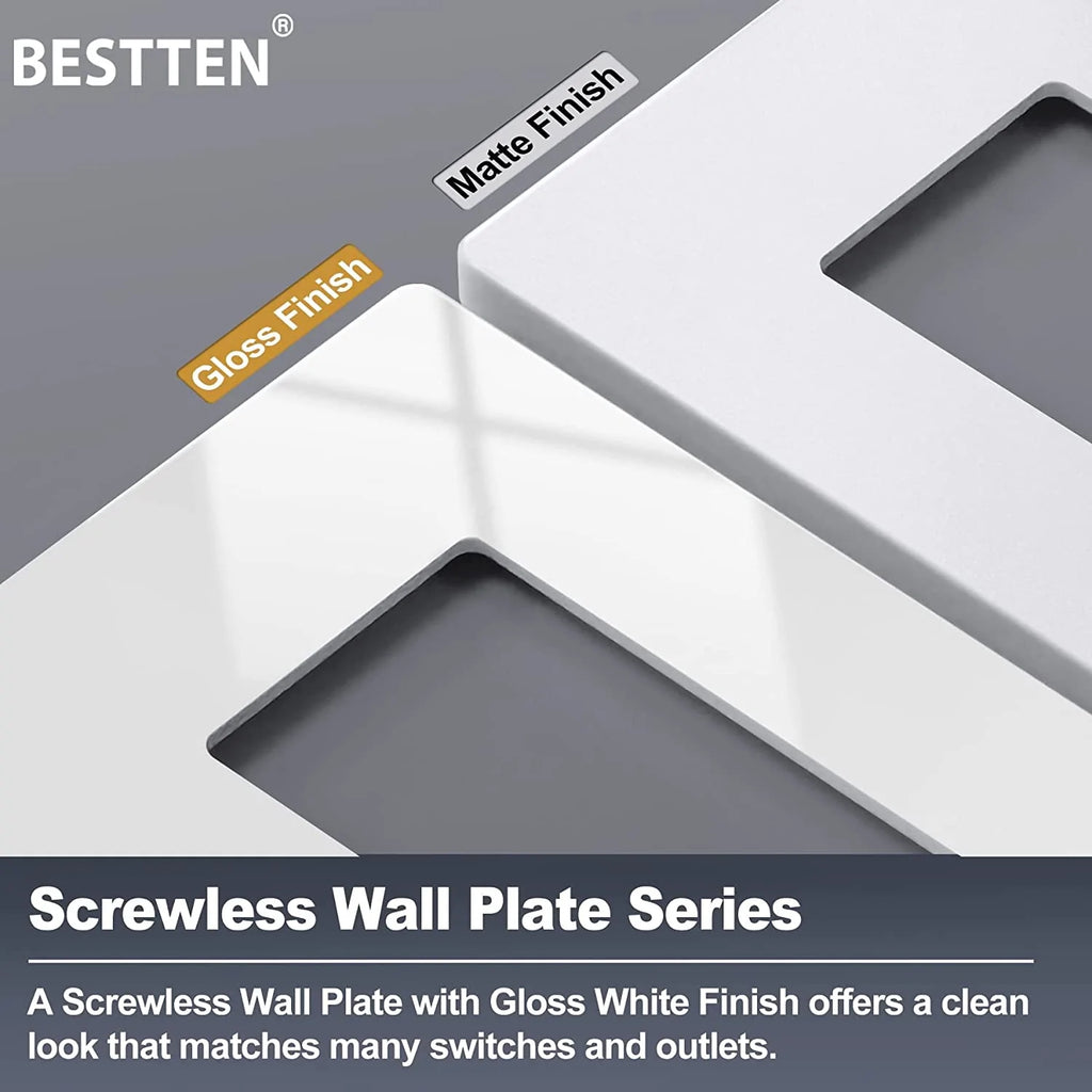 [4 Pack] BESTTEN 3-Gang Modern Designer Mid-Size Screwless Wall Plate, Unbreakable Polycarbonate Midway Decorator Outlet Cover, USWP4 Gloss White Switch Plate, 12.30cm x 17.13cm, cUL Listed