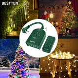 BESTTEN Outdoor Digital Timer Outlet, Photocell Light Sensor, 2 Grounded Outlets with Remote Control, Setting for ON/Off/Dusk to Dawn/ON at Dusk & 2/4/6/8/10 Hours Countdown, cETL and FCC Certified, Green