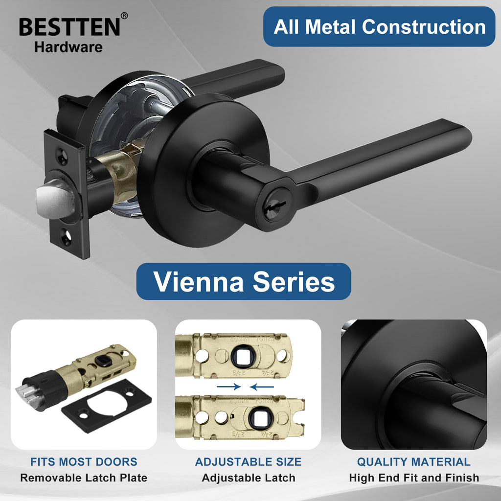 BESTTEN Matte Black Entry Door Lever with Removable Latch Plate, All Metal Contemporary Round Handle Design for Exterior and Front Door, Vienna Series