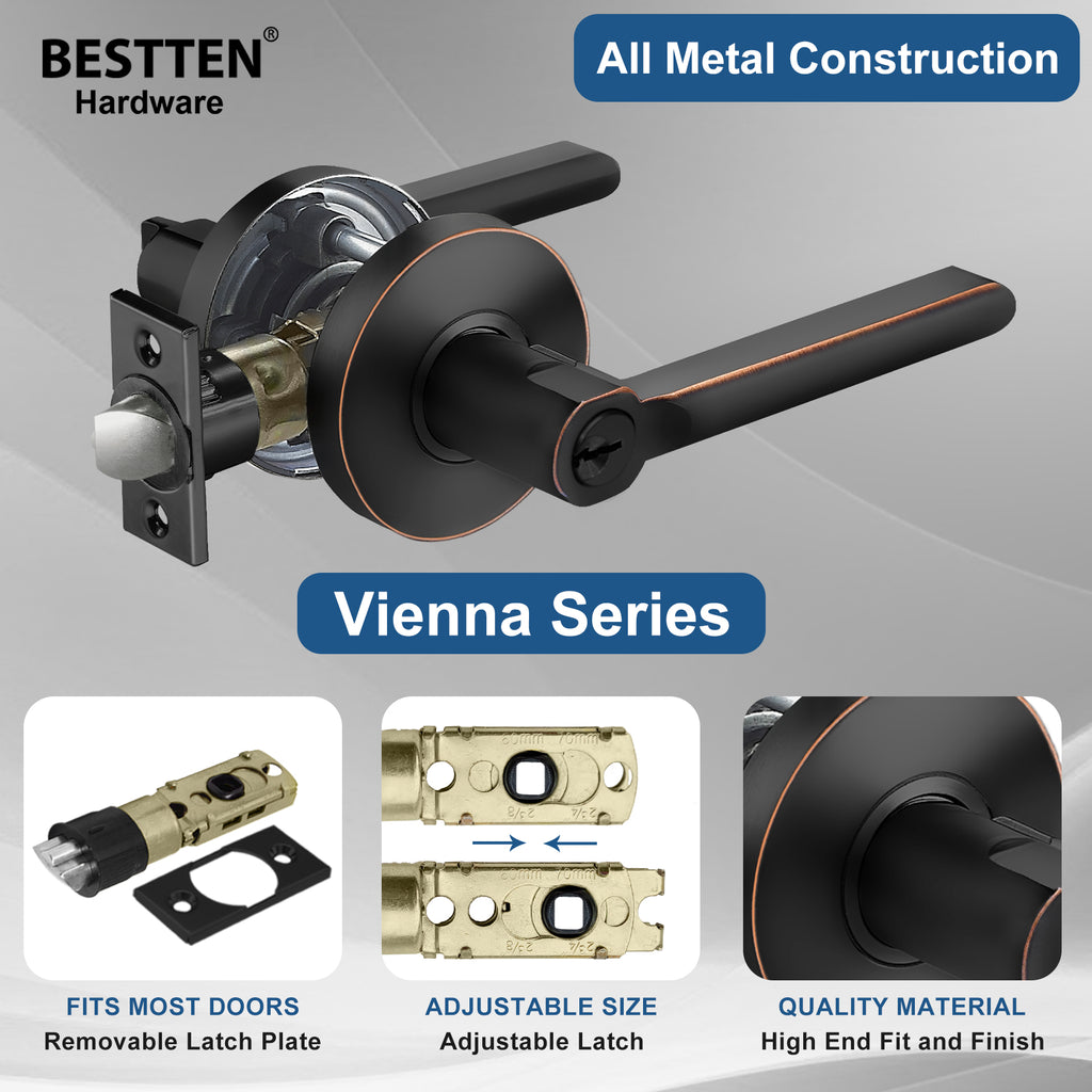 BESTTEN Entry Door Lever with Removable Latch Plate, All Metal Contemporary Round Handle Design for Exterior and Front Door, Entrance Door Locks, for Residential, Vienna Series, Oil Rubbed Bronze