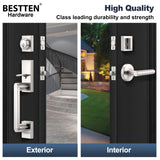 BESTTEN Modern Handleset, Front Door Handle with Single Cylinder Keyed Entry Deadbolt Lock Set, Entrance Adjustable Handle with Round Door Lever, All Metal, Satin Nickel
