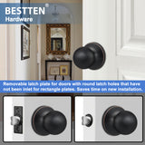 [3 Pack] BESTTEN Passage Door Knobs, Non Locking, Interior Round Ball Door Knob Handle with Removable Latch Plate, All Metal, for Hallway/Closet, Oil Rubbed Bronze