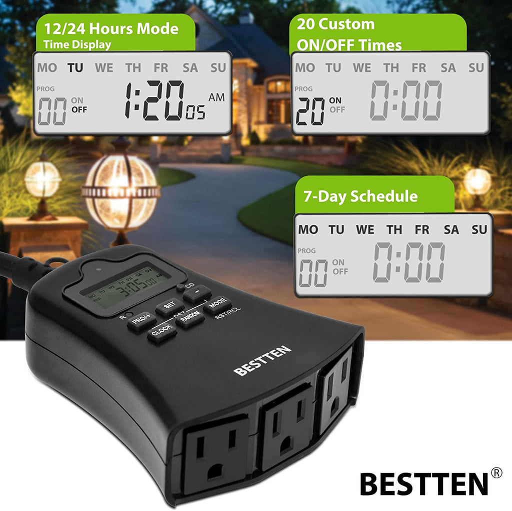BESTTEN Outdoor Light Timer, 7 Day Digital Programmable Timer with Clock and Push Button, Countdown Timer with 3 Grounded Outlets, Black, cETL Listed