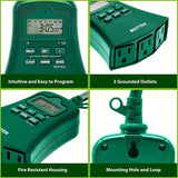 BESTTEN Outdoor Digital Programmable Timer with Clock and Push Button, Countdown Timer with 3 Grounded Outlets, Weatherproof, Green, cETL Listed