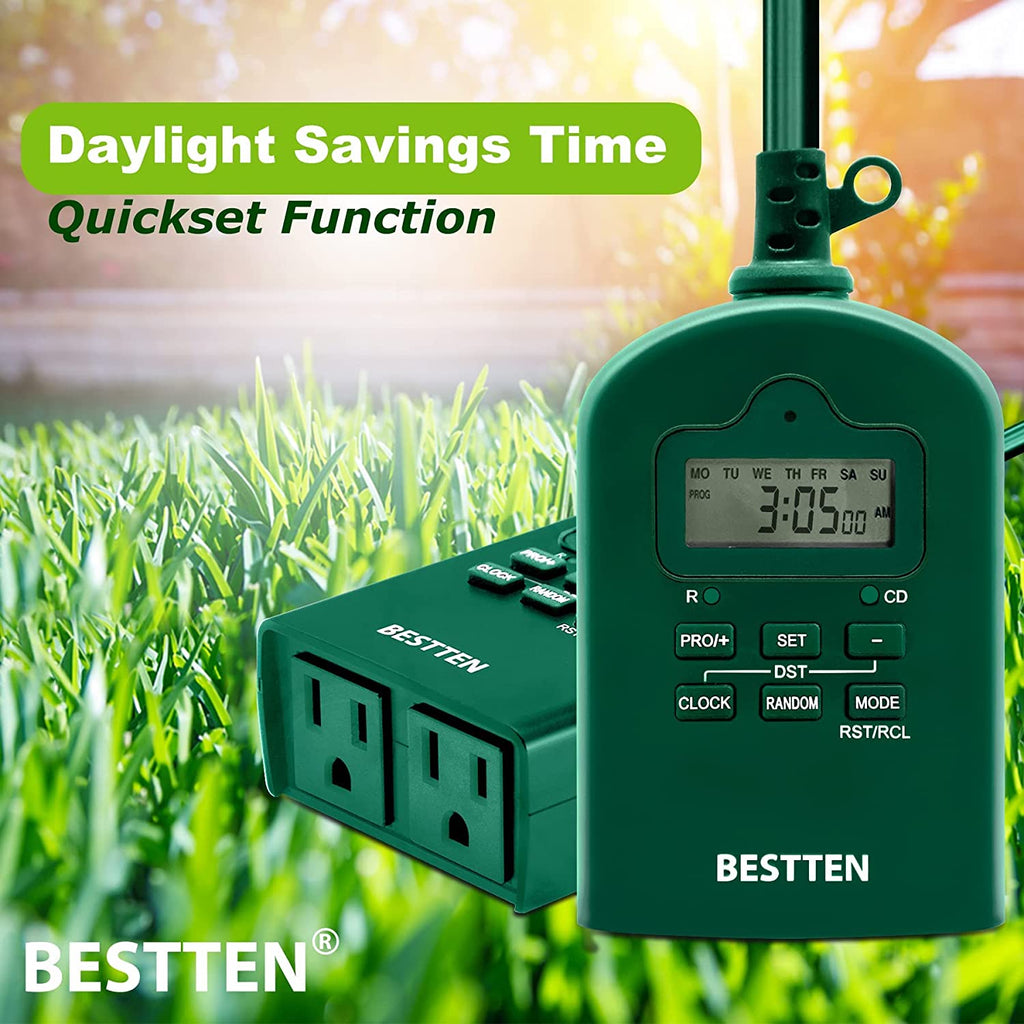BESTTEN Outdoor Digital Programmable Timer with Clock and Push Button, Countdown Timer with Dual Grounded Outlets, Weatherproof, Green, cETL Listed