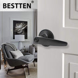 [3 Pack] BESTTEN Matte Black Straight Entry Door Lever with Removable Latch Plate, All Metal, Roma Series Keyed Different Door Handle Lock