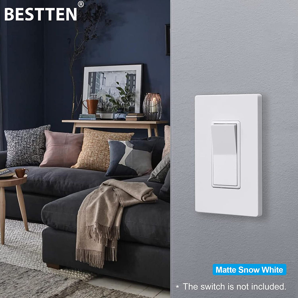 [20 Pack] BESTTEN USWP6 Matte Snow White Series 1-Gang Screwless Wall Plate, Decorator Outlet Cover, 11.91cm x 7.39cm, for Light Switch, Dimmer, USB, GFCI, Receptacle