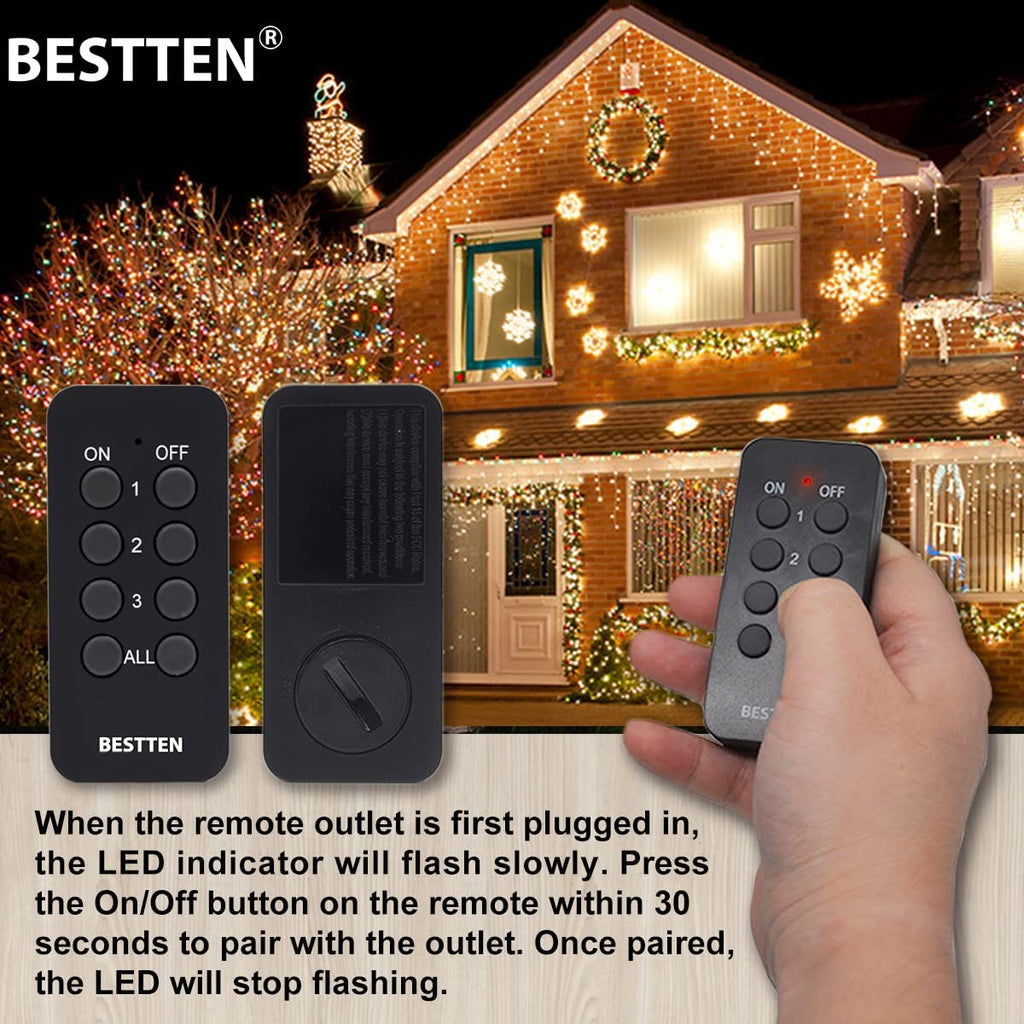 [3 Pack] BESTTEN Wireless Remote Control Outdoor Outlet Switch with 6-Inch Heavy Duty Power Cord, Plug in Switch with 2 Grounded Outlets, Weatherproof, 15A/125V/1875W, cETL Certified