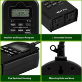 [2 Pack] BESTTEN 7 Day Outdoor Digital Programmable Timer with Clock and Push Button, Countdown Timer with 2 Grounded Outlets, Black, cETL Listed