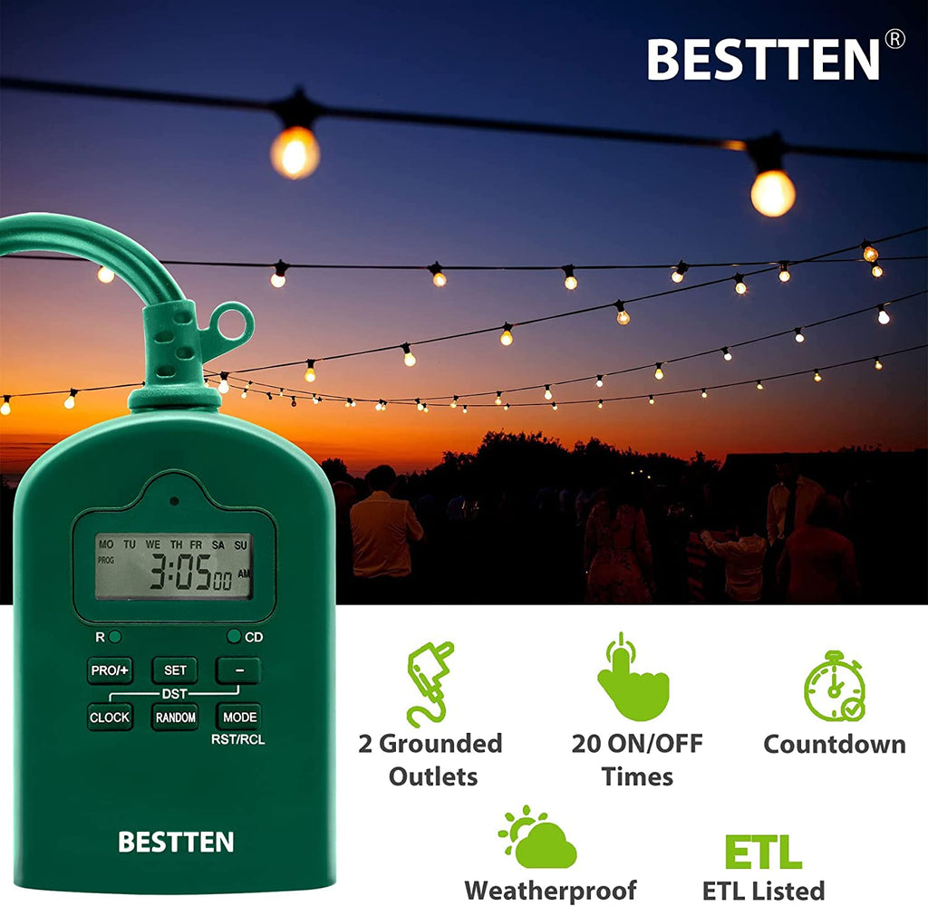 BESTTEN Outdoor Digital Programmable Timer with Clock and Push Button, Countdown Timer with Dual Grounded Outlets, Weatherproof, Green, cETL Listed